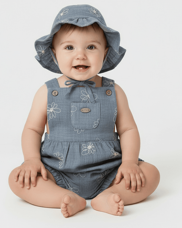 Salopette con cappello neonata Mayoral Newborn jeans ricamato Mayoral Blu