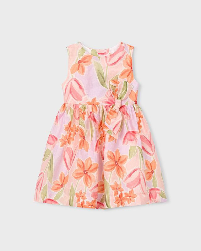 Abito cerimonia bambina con stampa floreale rosa e arancio, look estivo