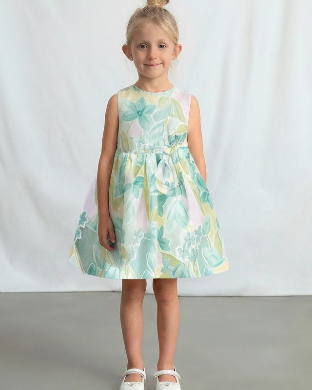 Abito cerimonia bambina Mayoral con fiori verde e lilla, look romantico e comfort