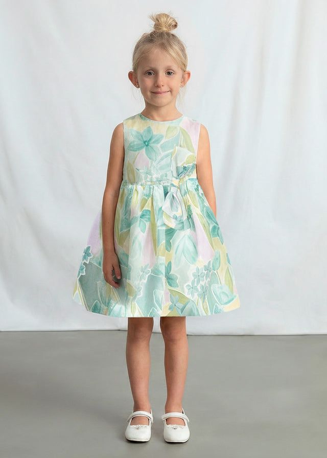 Abito cerimonia bambina Mayoral con fiori verde e lilla, look romantico e comfort