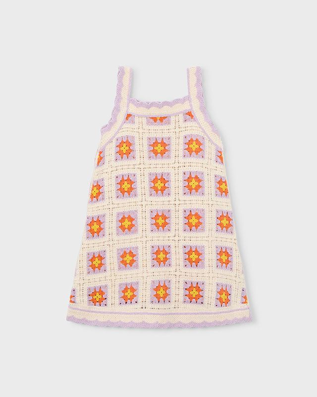 Abito bambina maglia crochet lilla con dettagli colorati