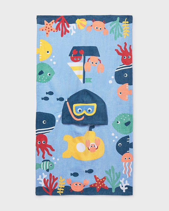 Asciugamano mare con cappuccio neonato Mayoral Newborn Fauna Marina blu Mayoral