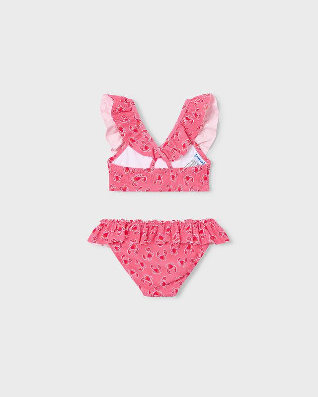 Costume bikini bambina Mayoral con volant e stampa granchi, vista frontale