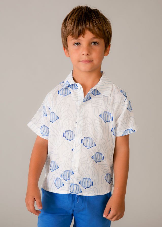 Camicia bambino Mayoral bianco e azzurro pesci Mayoral 2 Anni 92cm