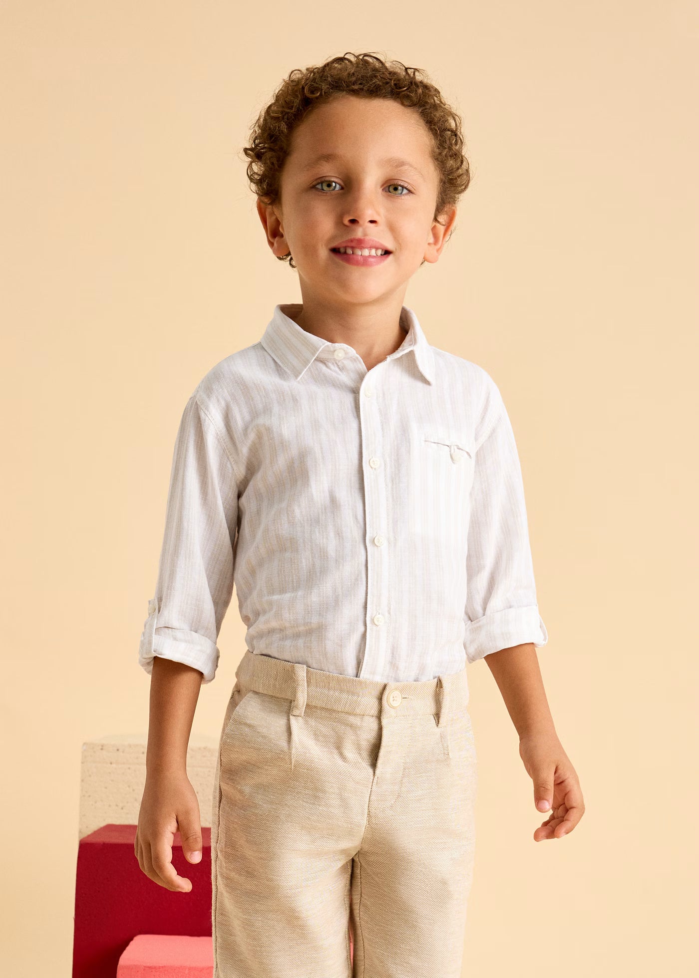 Camicia manica lunga lino bambino Mayoral righe beige Mayoral Bianco
