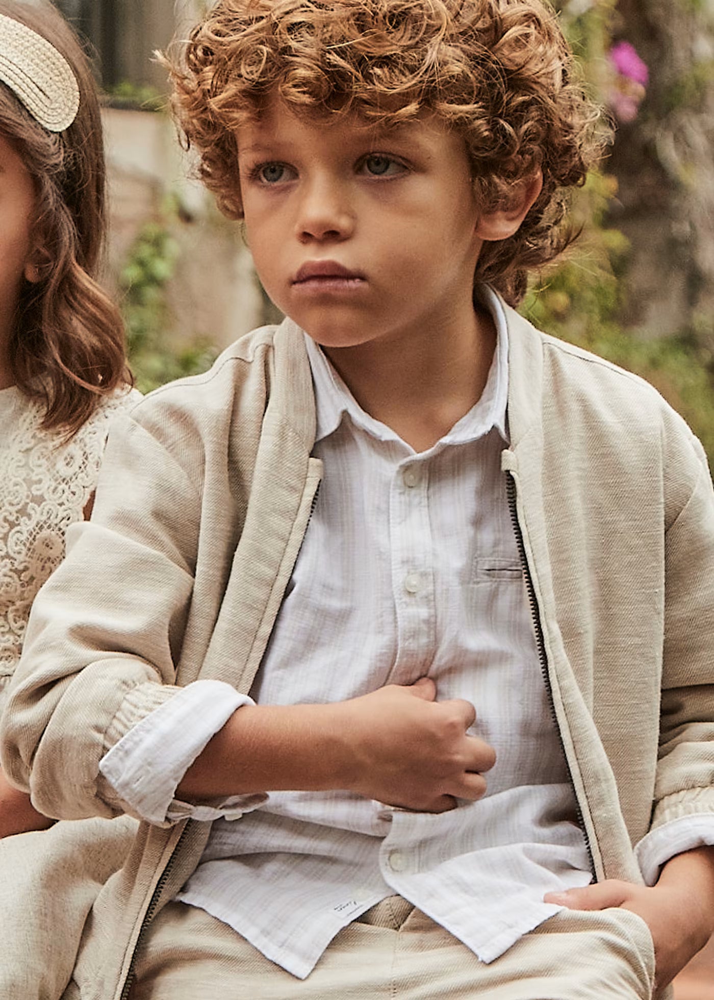 Camicia manica lunga lino bambino Mayoral righe beige Mayoral Bianco