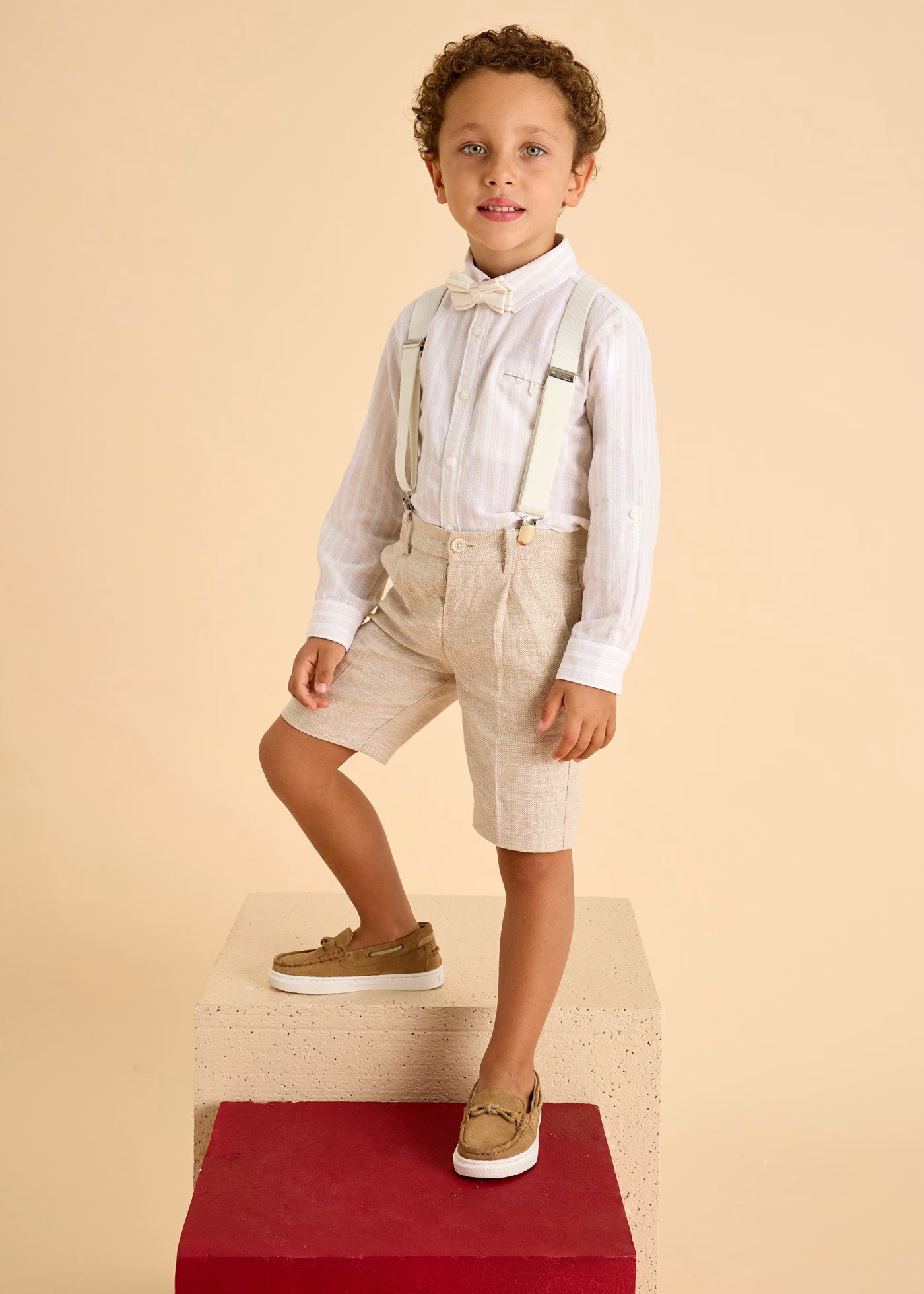 Camicia manica lunga lino bambino Mayoral righe beige Mayoral Bianco