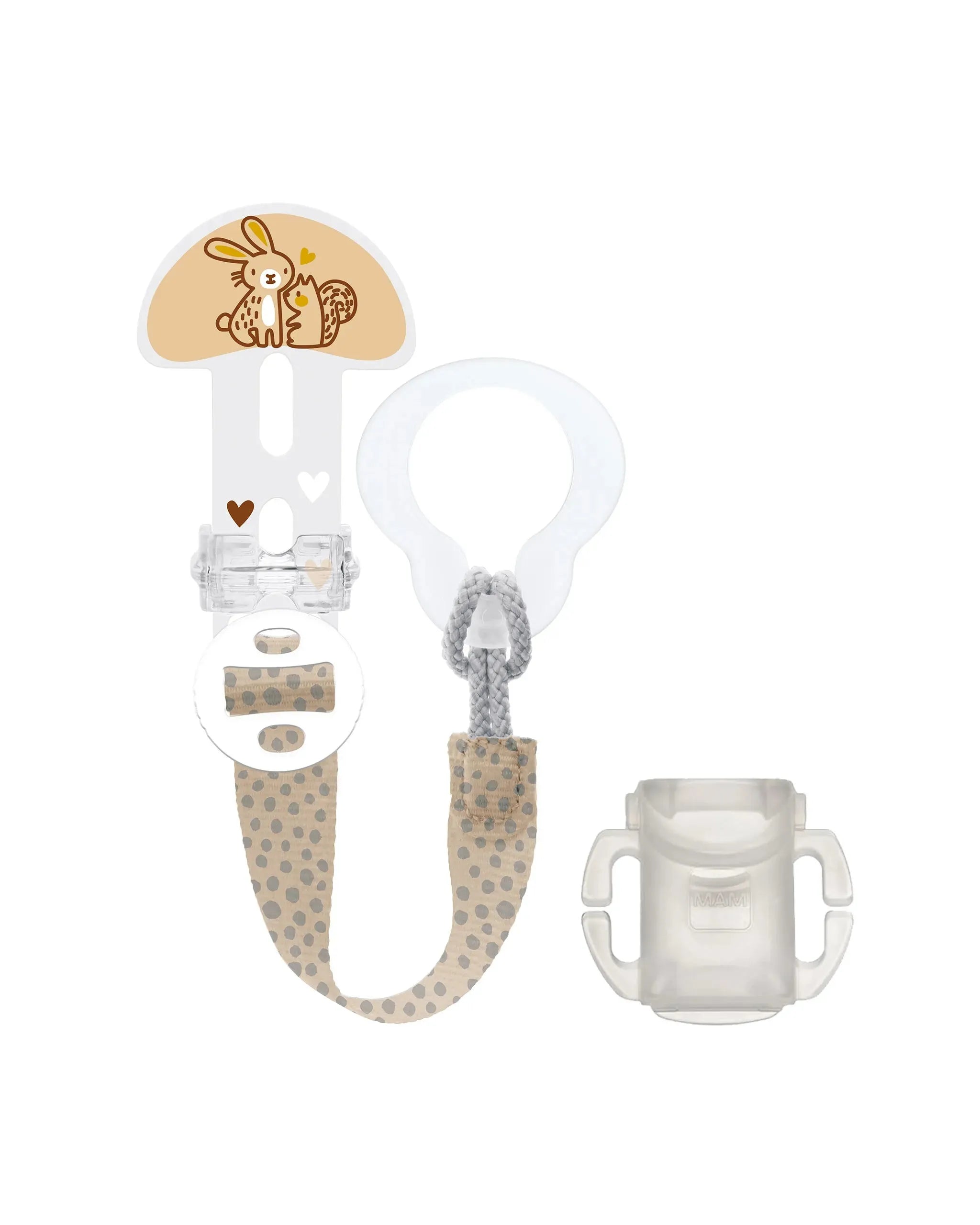Portaciuccio MAM Clip It! & Cover con decorazione con coniglietto e cuoricini, custodia igienica, compatibile ciucci 0+ mesi