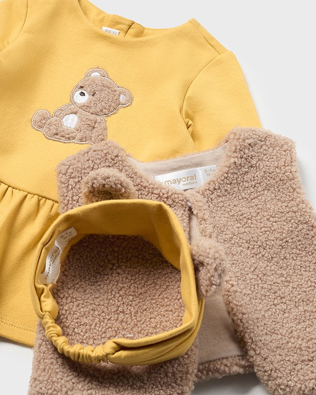 Completo 3 pezzi gilet pellicciotto neonata Mayoral Newborn Mayoral Giallo