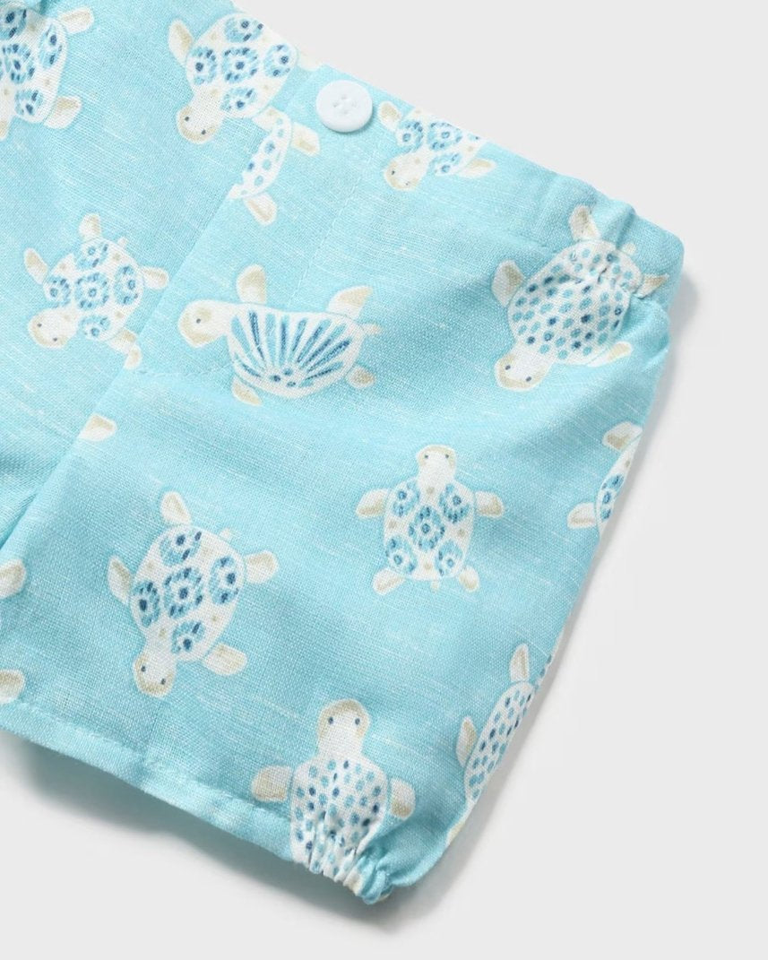 Completo camicia e bermuda in lino neonato Mayoral Newborn azzurro Tartarughe Mayoral Bianco
