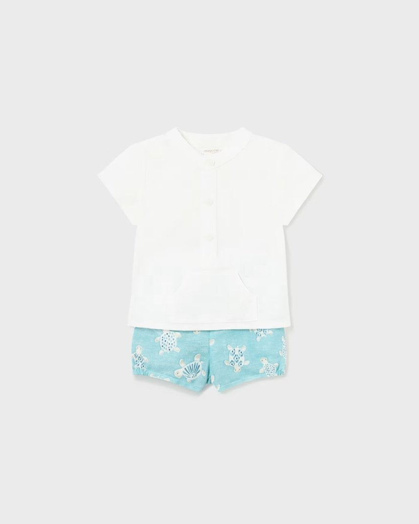 Completo camicia e bermuda in lino neonato Mayoral Newborn azzurro Tartarughe Mayoral Bianco