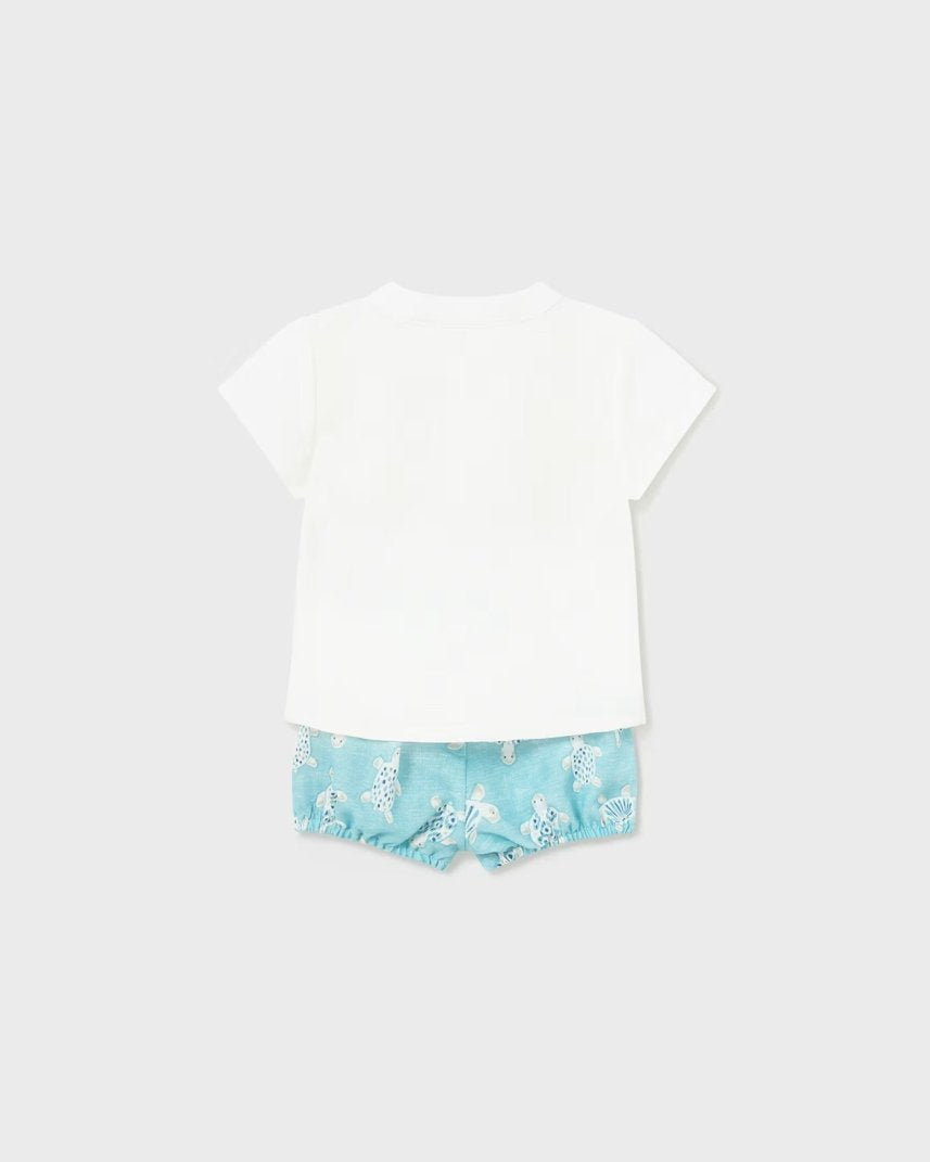 Completo camicia e bermuda in lino neonato Mayoral Newborn azzurro Tartarughe Mayoral Bianco