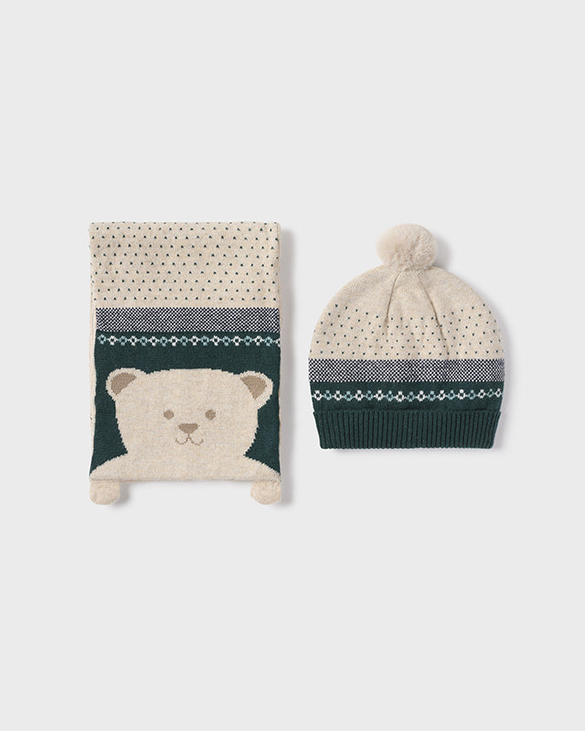 Completo cappello e sciarpa orso neonato Mayoral crema e verde Mayoral Verde