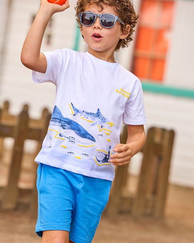 Bambino con occhiali da sole, maglietta con grafica squali e pantaloncini blu, abbigliamento estivo bambino