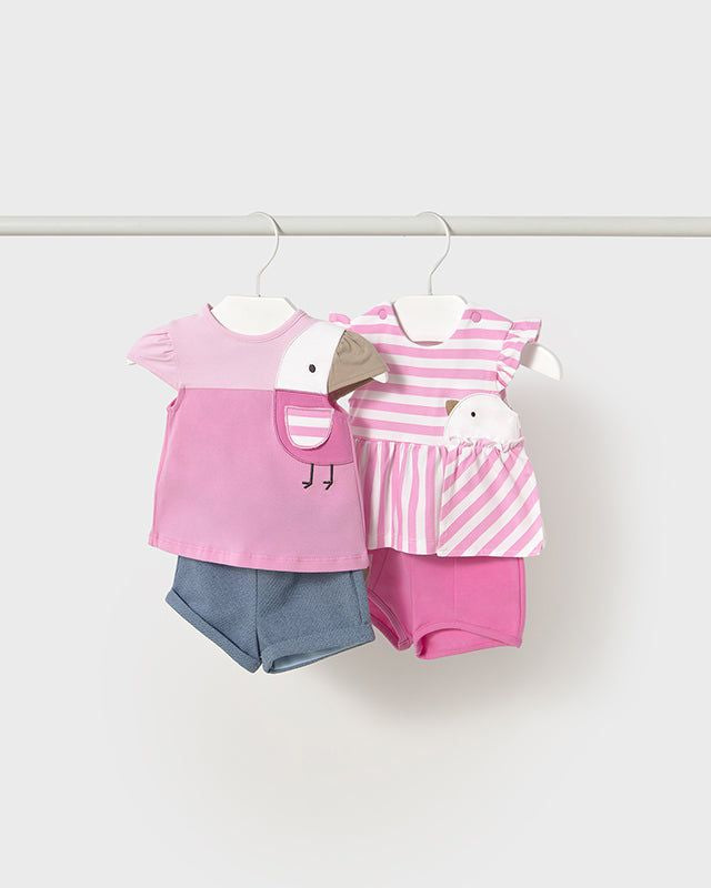 Completo estivo neonata Mayoral Newborn Uccelino rosa tulipano Mayoral Blu