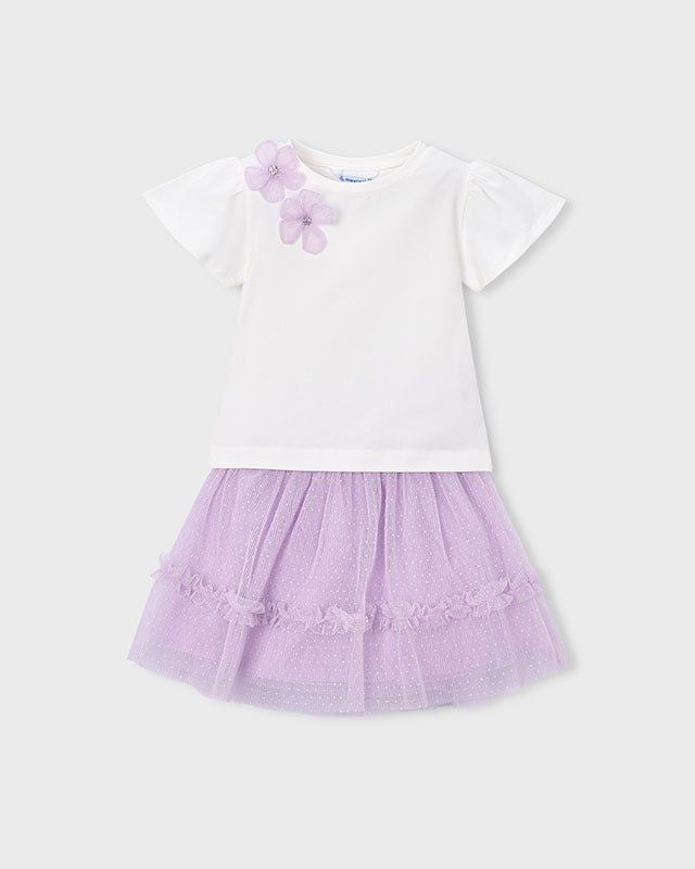 Completo gonna tulle e maglietta bambina con fiori lilla