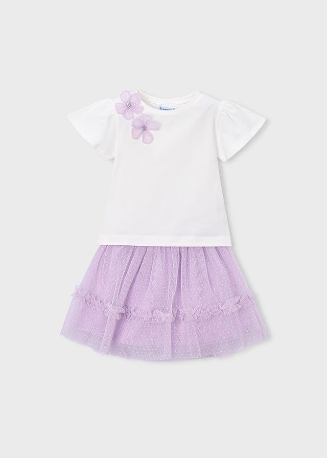Completo gonna tulle e maglietta bambina con fiori lilla