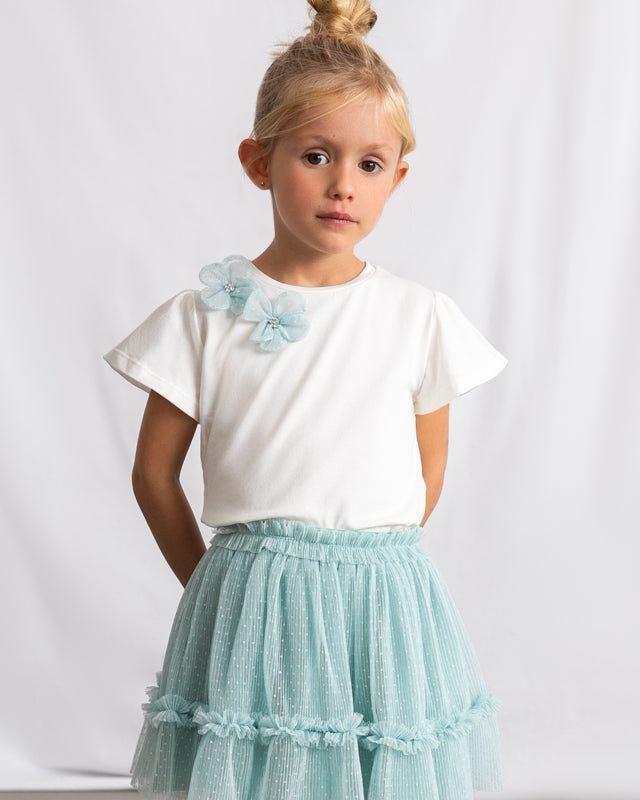 Completo gonna tulle bambina Mayoral in verde lago con fiocco e fiore decorativo