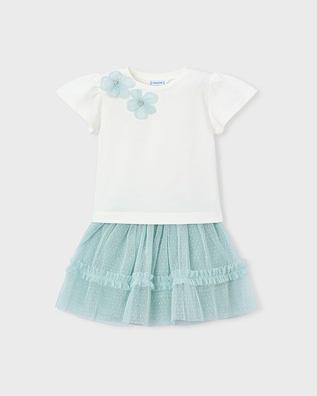 Set completo bambina Mayoral con gonna tulle verde lago e maglietta bianca