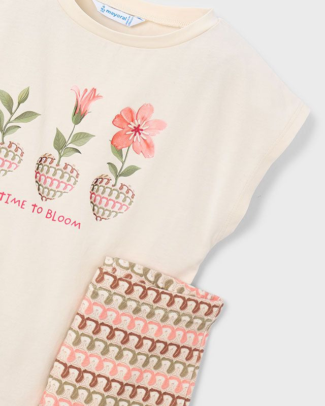 Completo leggings flare e maglietta bambina con fiori e scritta primavera estate