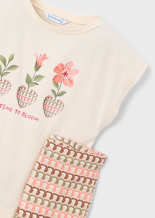 Completo leggings flare e maglietta bambina con fiori e scritta primavera estate