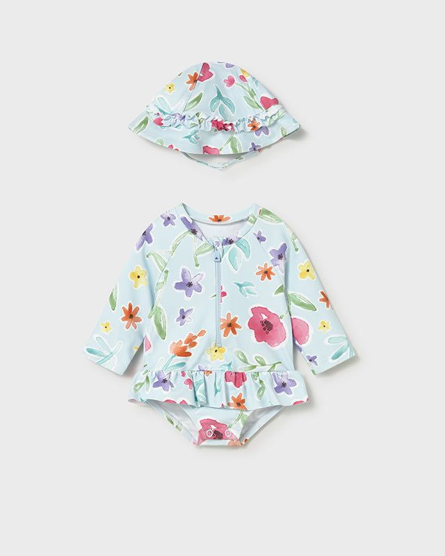 Completo mare con cappello protezione solare neonata Mayoral Newborn floreale azzurro Mayoral 0-1 Mesi 55cm