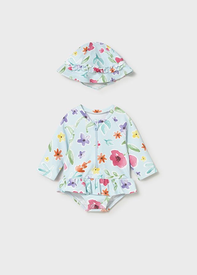 Completo mare con cappello protezione solare neonata Mayoral Newborn floreale azzurro Mayoral 0-1 Mesi 55cm