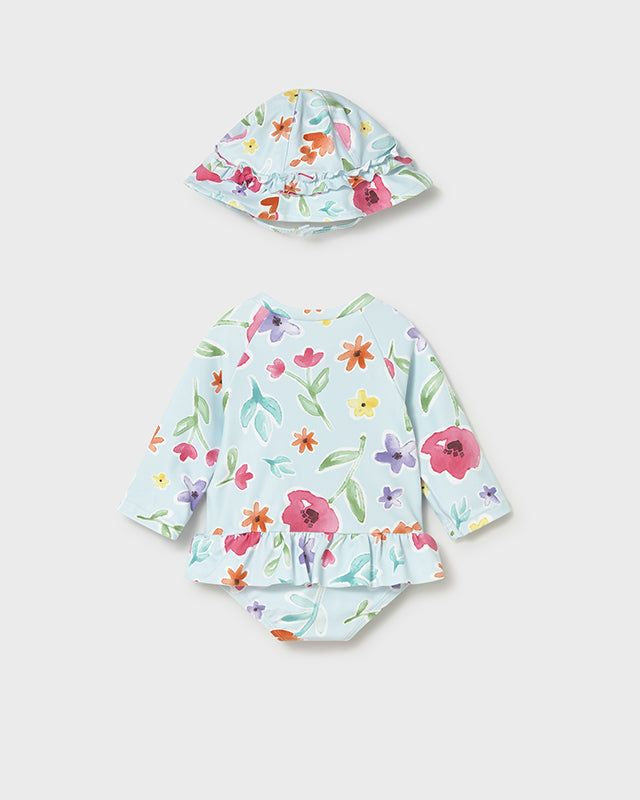 Completo mare con cappello protezione solare neonata Mayoral Newborn floreale azzurro Mayoral 0-1 Mesi 55cm