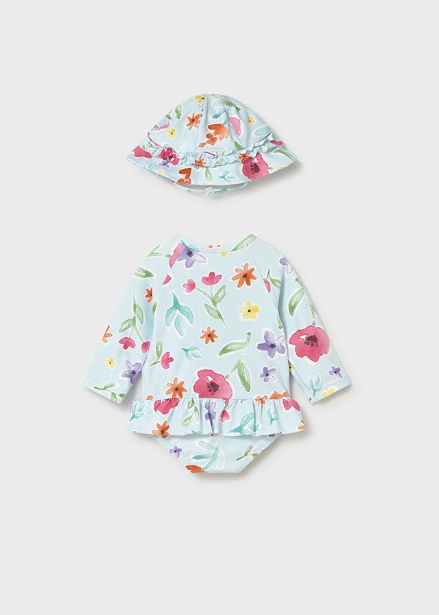 Completo mare con cappello protezione solare neonata Mayoral Newborn floreale azzurro Mayoral 0-1 Mesi 55cm