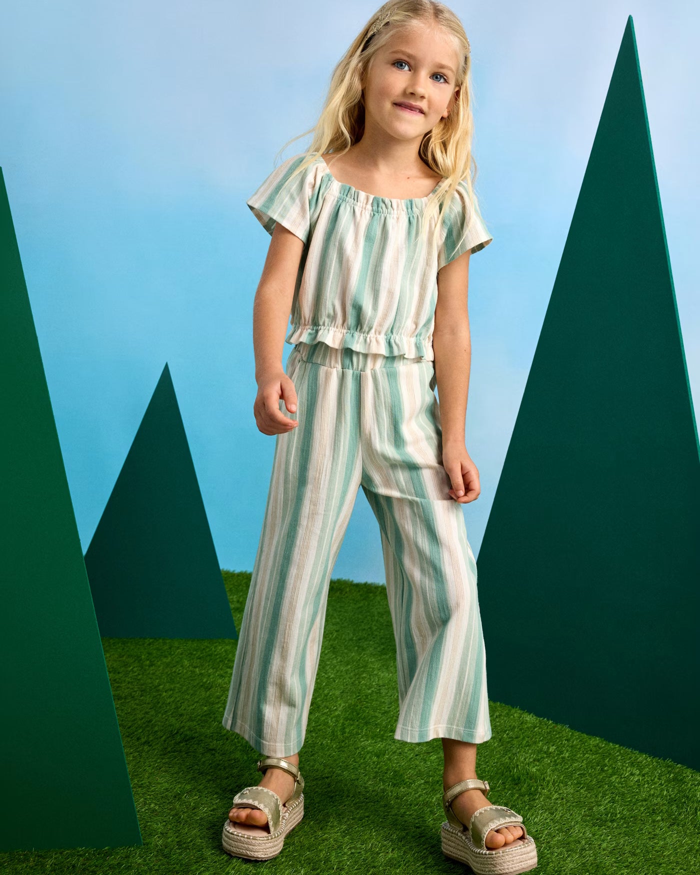 Completo pantalone e maglietta righe bambina Mayoral giada e beige Mayoral Giada