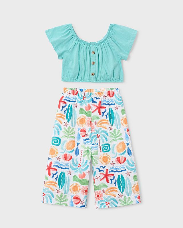 Completo bambina Mayoral estivo con pantalone colorato e top azzurro