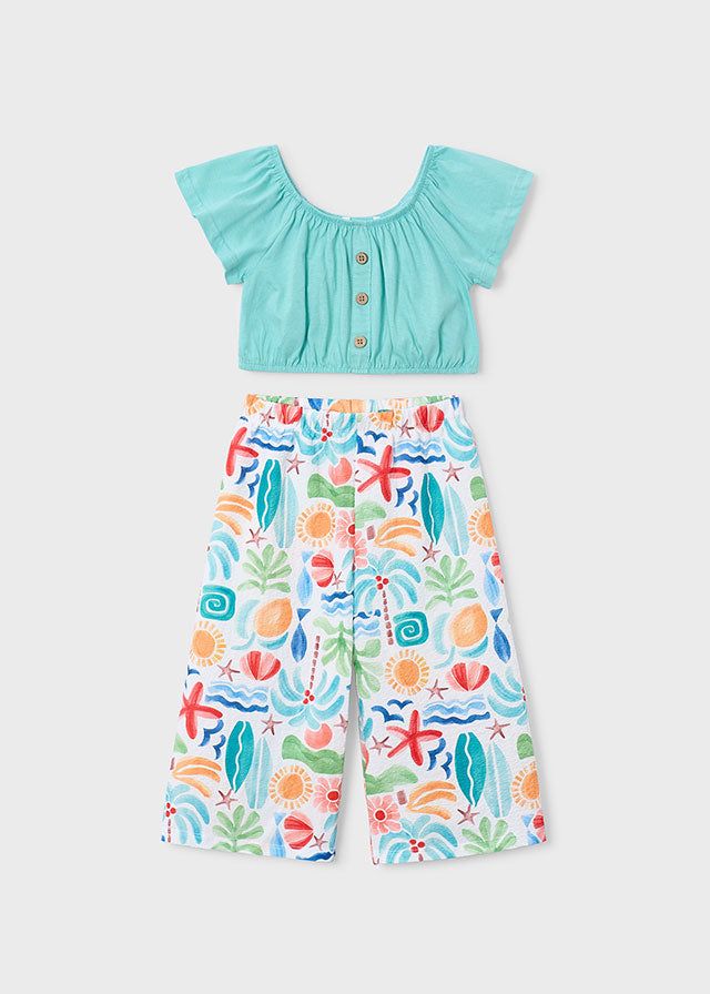 Completo bambina Mayoral estivo con pantalone colorato e top azzurro