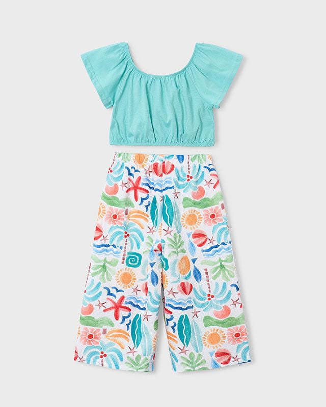 Completo bambina Mayoral con pantalone colorato e top azzurro