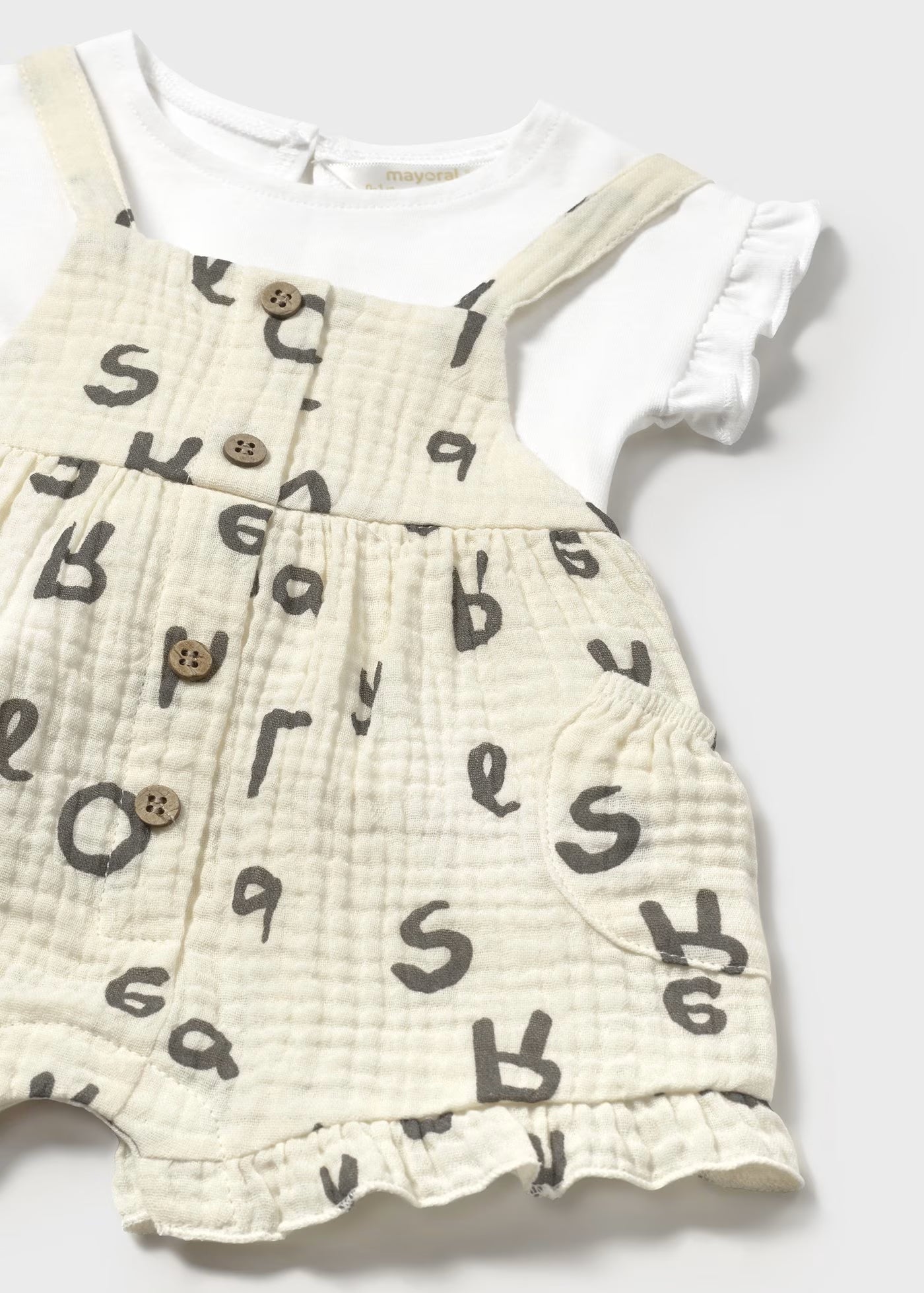 Completo salopette e t-shirt neonata Mayoral Newborn Lettere cecio Mayoral 0-1 Mesi 55cm