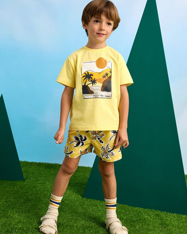 Costume bermuda bambino Mayoral giallo grafica Palme Mayoral Giallo