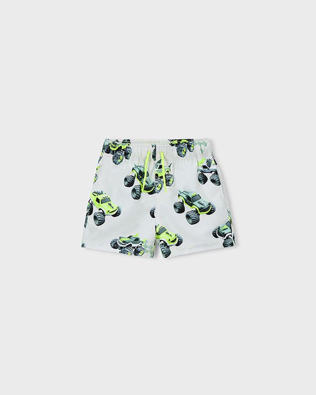 Dettaglio della stampa monstertrack sui costumi da bagno bambini