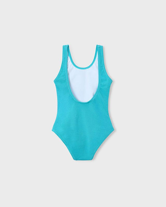 Retro del costume da bagno intero bambina Mayoral in tessuto celeste con fiore bianco