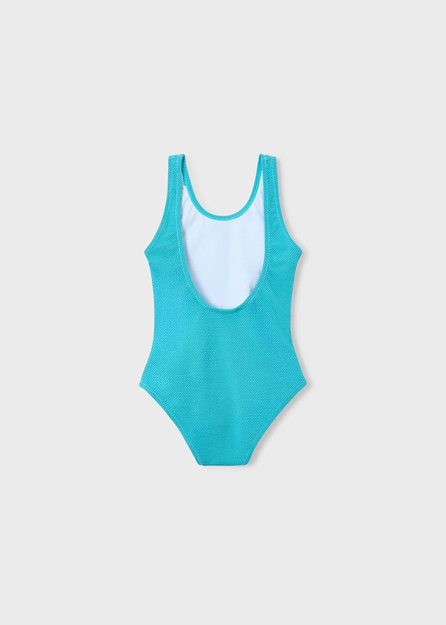 Retro del costume da bagno intero bambina Mayoral in tessuto celeste con fiore bianco