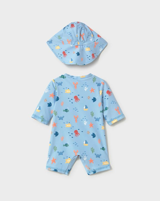 Costume mare intero con cappello protezione solare neonato Mayoral Newborn azzurro marino Mayoral 0-1 Mesi 55cm