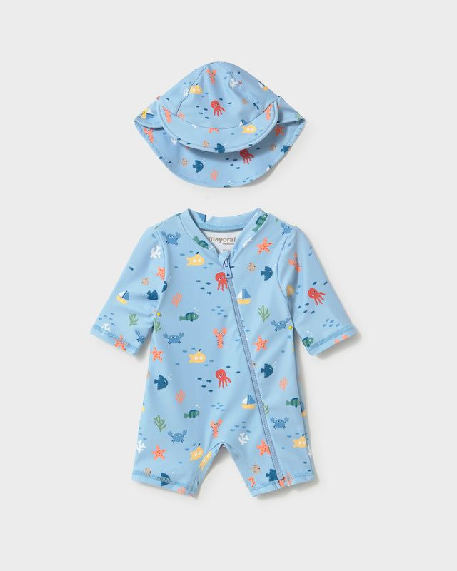 Costume mare intero con cappello protezione solare neonato Mayoral Newborn azzurro marino Mayoral 0-1 Mesi 55cm
