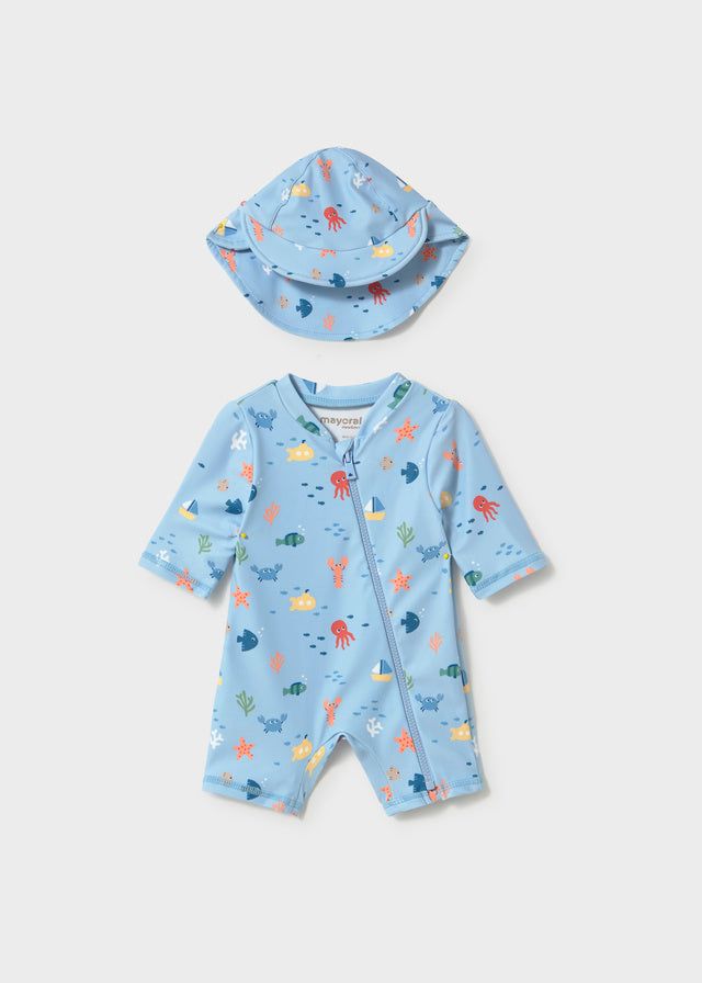 Costume mare intero con cappello protezione solare neonato Mayoral Newborn azzurro marino Mayoral 0-1 Mesi 55cm