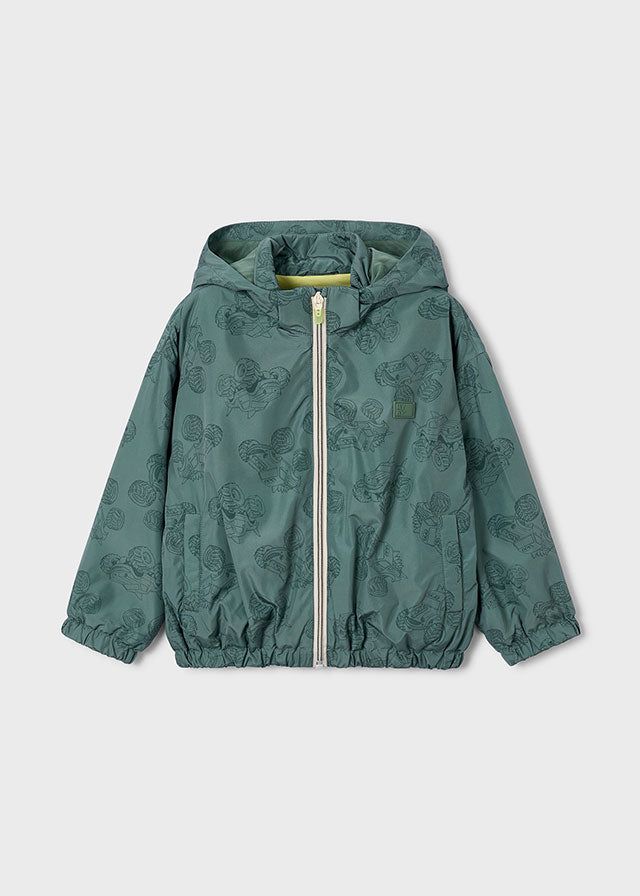 Giacca vento bambino Mayoral verde alga con stampa Monstertrack, cappuccio e zip frontale