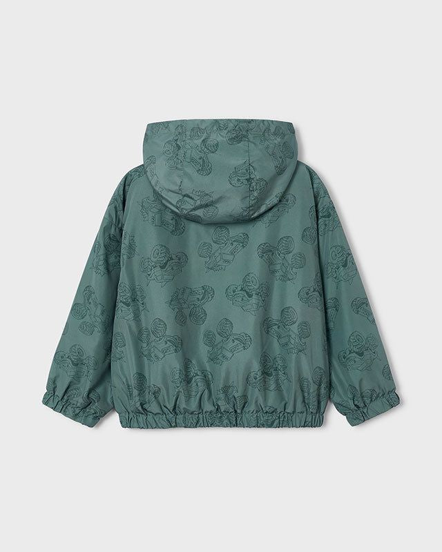 Retro della giacca vento bambino Mayoral con stampa Monstertrack, cappuccio e elastici alle maniche