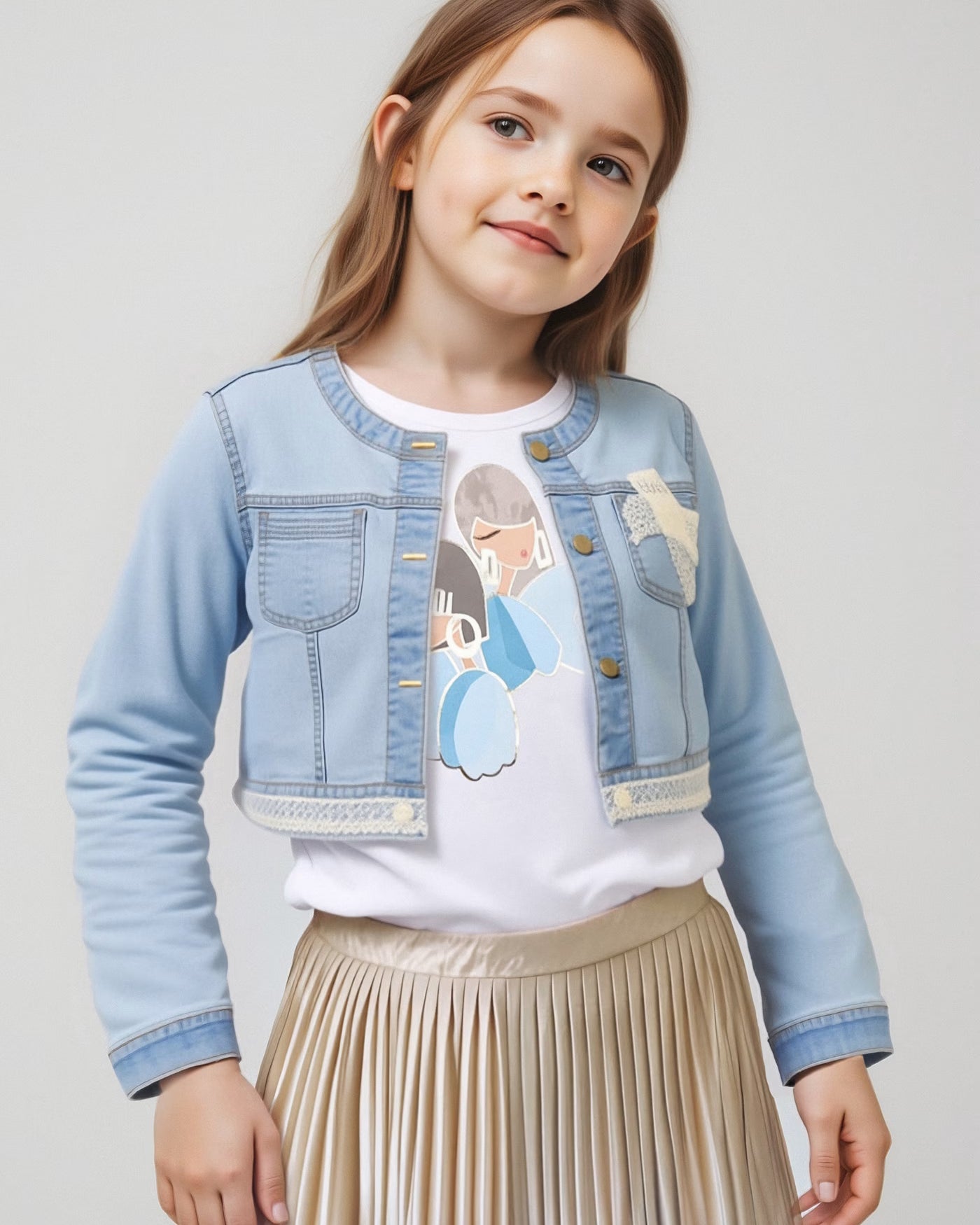 Giubbotto jeans chiaro dettagli pizzo bambina Mayoral Mayoral Azzurro
