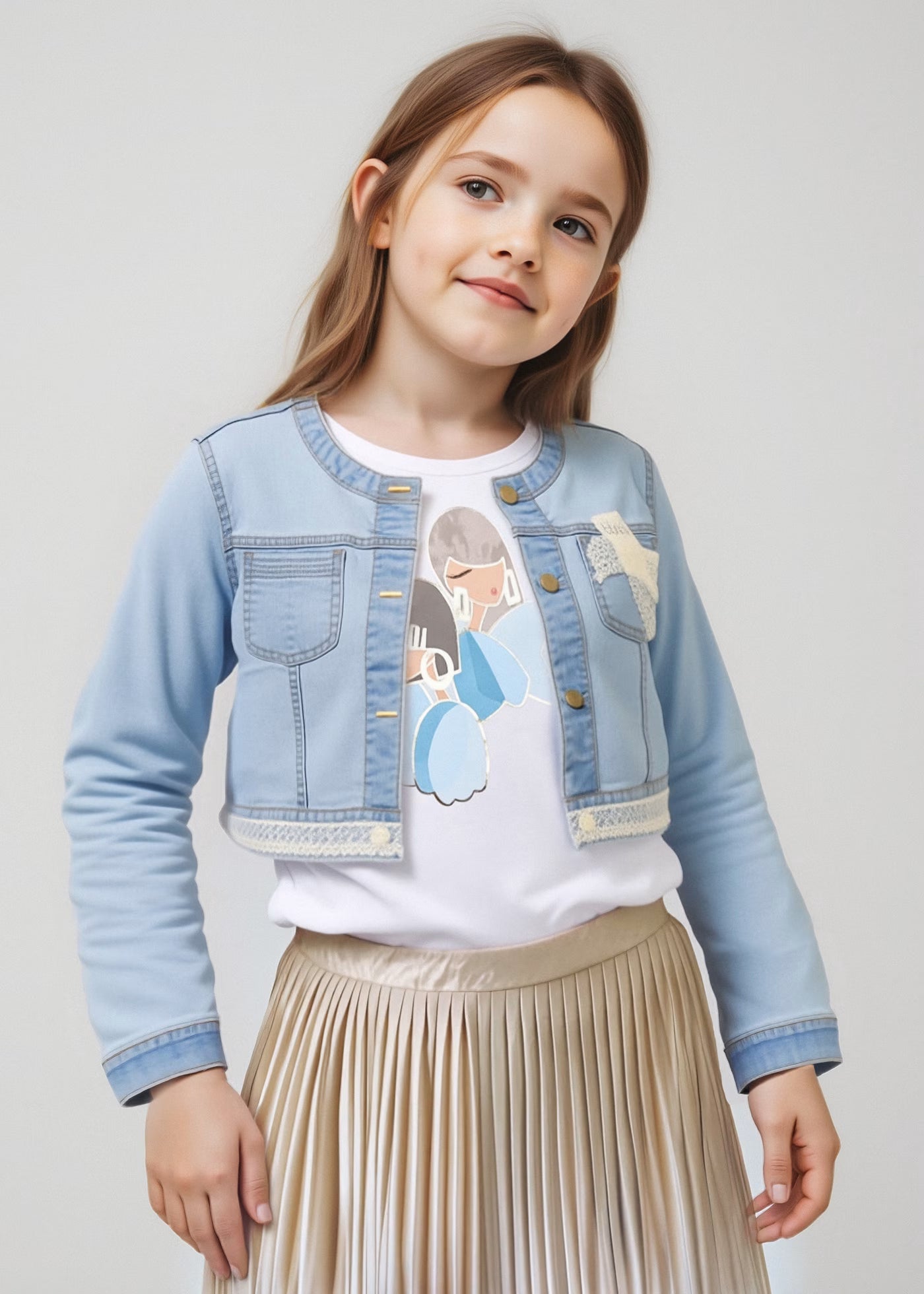 Giubbotto jeans chiaro dettagli pizzo bambina Mayoral Mayoral Azzurro