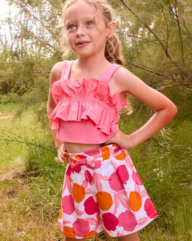 Gonna pantalone bambina Mayoral fantasia geranio arancio primavera-estate