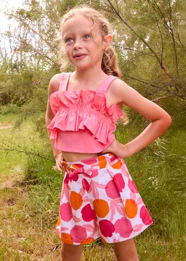 Gonna pantalone bambina Mayoral fantasia geranio arancio primavera-estate