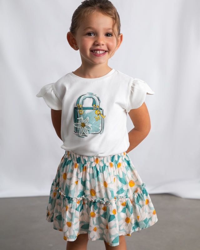 Gonna bambina verde acqua con stampa margherite, abbigliamento estivo per bambine