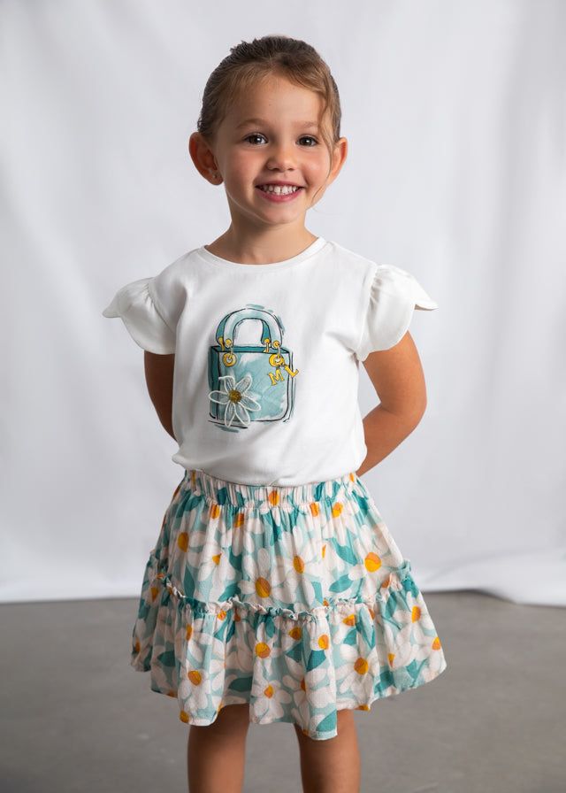 Gonna bambina verde acqua con stampa margherite, abbigliamento estivo per bambine