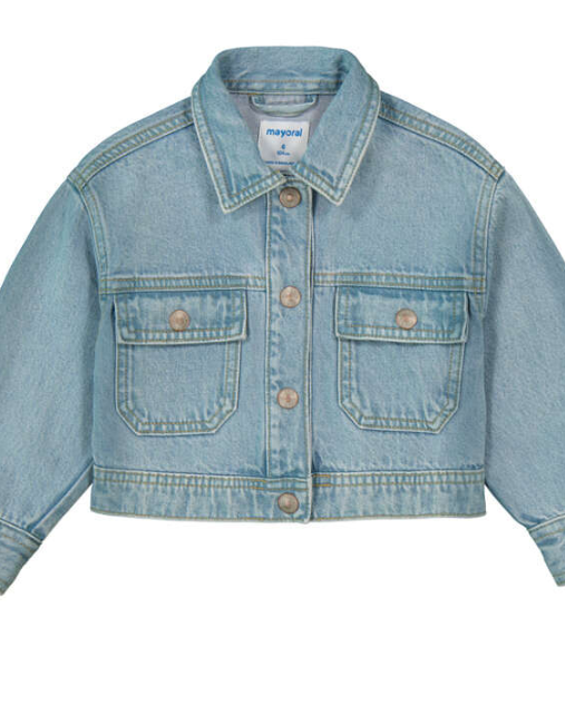 Giubbotto jeans chiaro Mayoral bambina con bottoni e tasche anteriori